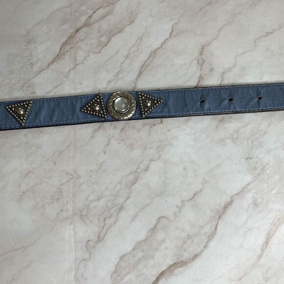 Vtg Leatherock Blue Leather Western Belt Silver Tone Concho Studded Buckle Large main image 13